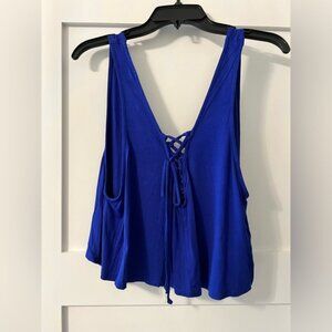 Lucy Love "Lace-Up Swing" Solid Royal Blue Scoop Neck Cropped Tank Top - Size M